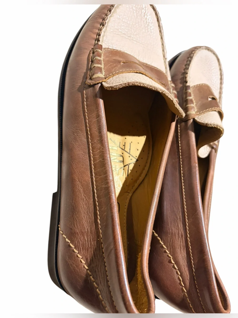 Martin Dingman Two Tone Leather Penny Loafers Brown Cream Slip On Shoes 9.5